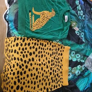 Green Sweater with Oxknit Cheetah Design and Yellow Leopard Print Skirt